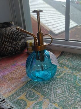 Blue Glass Plant Mister with Brass-Tone Pump